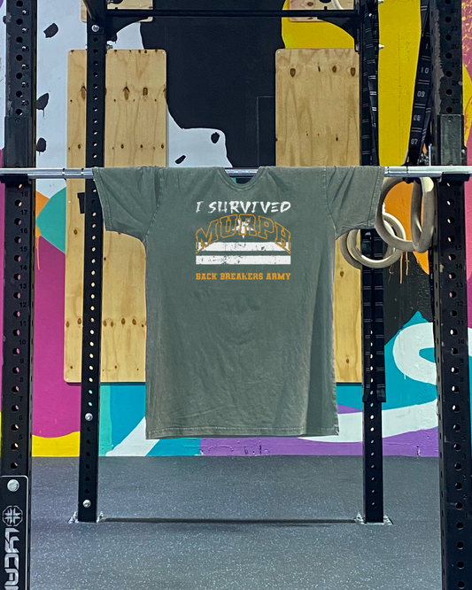 stone wash leger groene t shirt, hangt op een barbell in een crossfit box, heeft een twee kleuren print aan de voorkant
